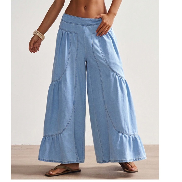 Light Wash Solid Wide leg Stretchy Waist Denim Jeans Pants - Picture 3 of 7